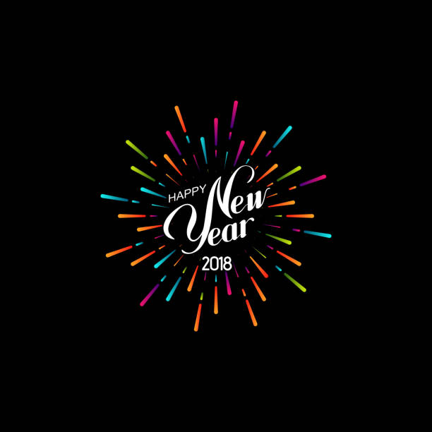 Happy New 2018 Year. Happy New 2018 Year. Retro label with multicolored burst or light rays. Vector holiday illustration. Festive firework or confetti explosion. Vintage sign. Decoration element for design new years eve party stock illustrations