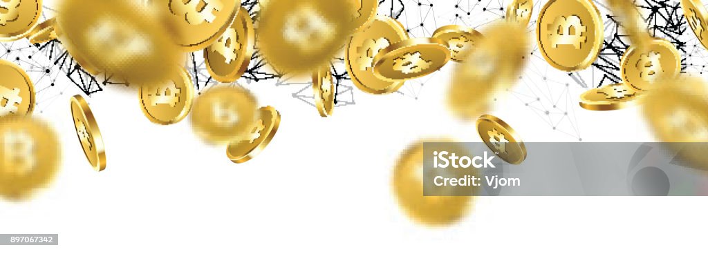 Banner with falling gold bitcoins. Banner with falling gold bitcoins and network pattern. Vector money illustration. Bitcoin stock vector