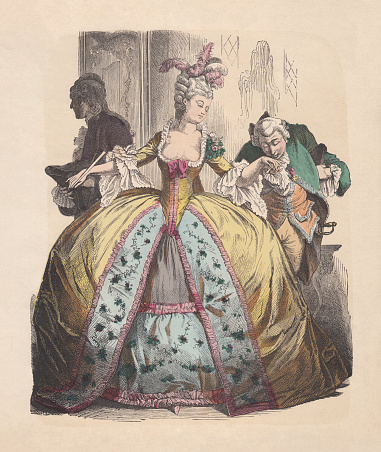 Lady in hoop skirt, rococo era, c. 1780. Hand colored wood engraving, published c. 1880.