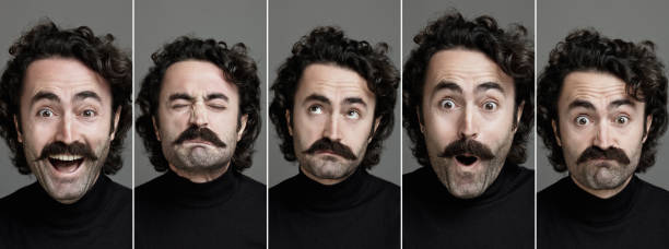 Real man portraits with different emotions, Close up studio portraits