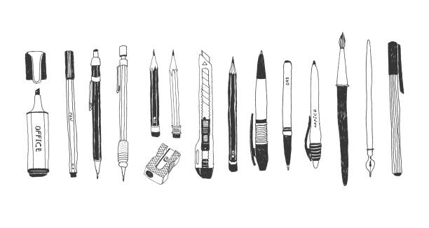 Hand drawn stationery set Hand drawn stationery set. Vector doodle illustration. Set of school accessories and supplies. Tools composition. Pencil, Pen, Marker, Brush, Stylus, Highlighter, Cutter. pencil illustrations stock illustrations