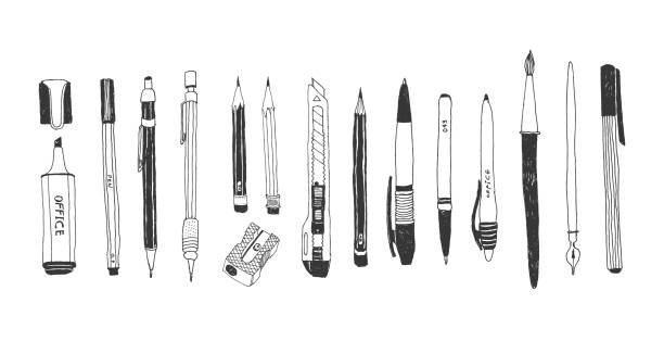 Hand drawn stationery set Hand drawn stationery set. Vector doodle illustration. Set of school accessories and supplies. Tools composition. Pencil, Pen, Marker, Brush, Stylus, Highlighter, Cutter. pencil stock illustrations