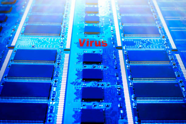 istock Closeup of an electronic circuit board with a processor. The inscription is an computer virus. 897102176