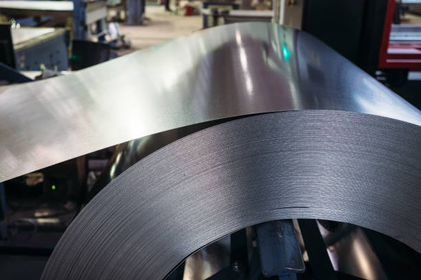 istock Roll of galvanized steel sheet. Close up view 897126144