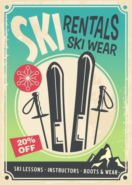 Vector illustration of Ski rentals retro promo poster