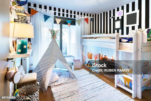 Kid Bedroom With Teepee And Bunk Bed Stock Photo - Download Image Now - Child, Bedroom, Childhood