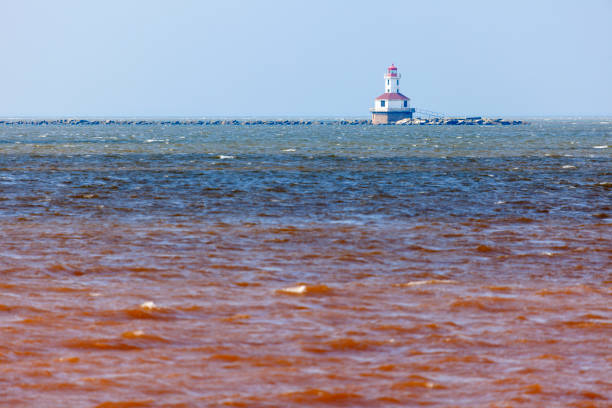 A red and white striped lighthouse stands sentinel over a wooden pier extending into a calm lake.  Sunny skies and placid water.