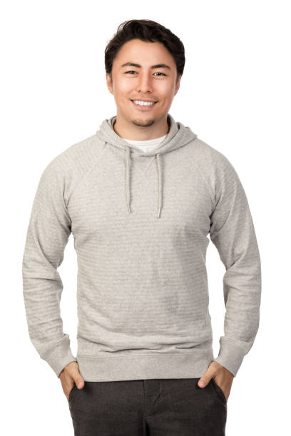 handsome man in gray hood sweater - asian ethnicity fashion model beautiful luxury imagens e fotografias de stock