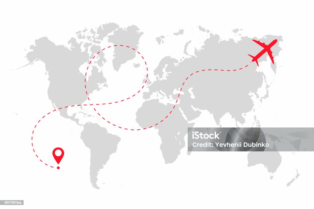 Airplane path in dotted line shape on world map. Route of plane with world map isolated on white background Airplane path in dotted line shape on world map. Route of plane with world map isolated on white background. Vector World Map stock vector