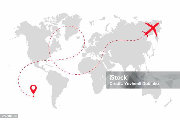 Airplane Path In Dotted Line Shape On World Map Route Of Plane With World Map Isolated On White Background Stock Illustration - Download Image Now