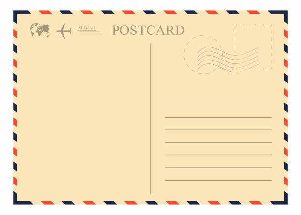 ilustrações de stock, clip art, desenhos animados e ícones de vintage postcard template. retro airmail envelope with stamp, airplane and globe - envelope invitation greeting card blank