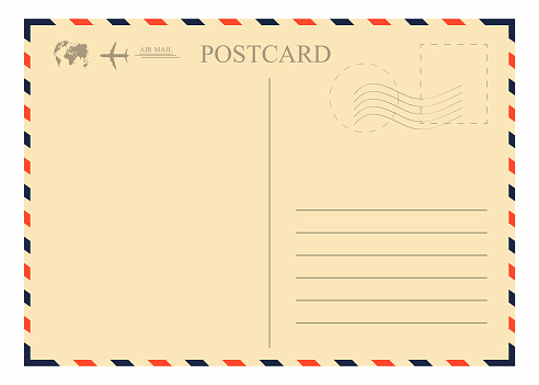 Vintage postcard template. Retro airmail envelope with stamp, airplane and globe. Vector