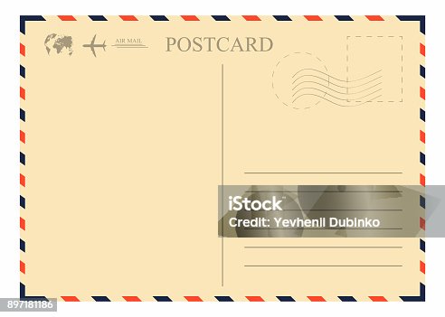istock Vintage postcard template. Retro airmail envelope with stamp, airplane and globe 897181186