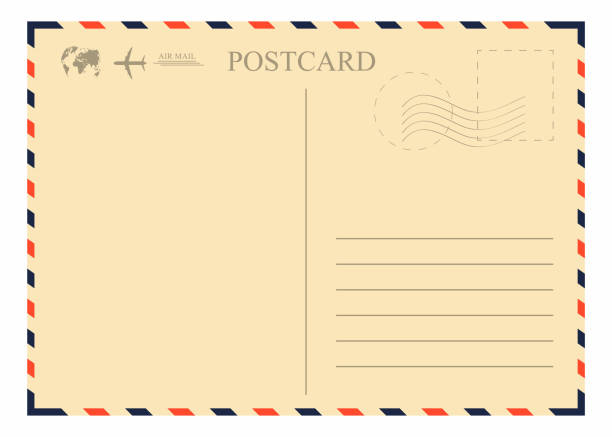 Vintage postcard template. Retro airmail envelope with stamp, airplane and globe Vintage postcard template. Retro airmail envelope with stamp, airplane and globe. Vector travel borders stock illustrations