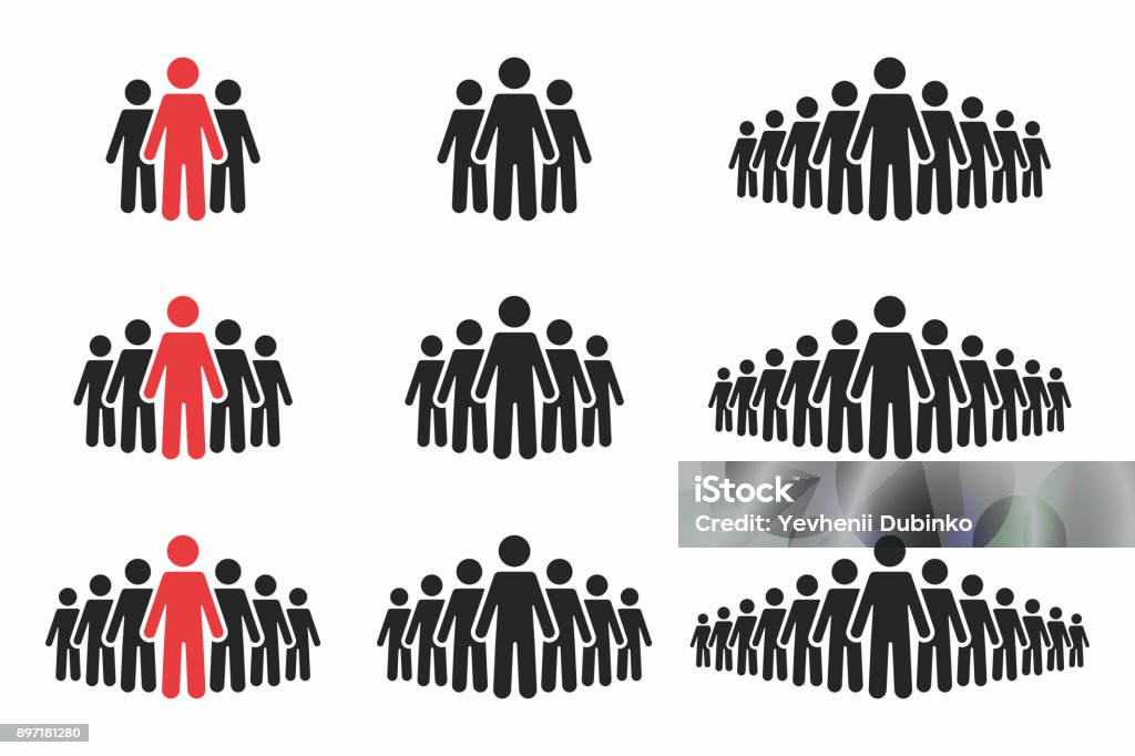 사람 아이콘 세트입니다. 검정과 빨강 색상에 사람들의 군중입니다. 그림 모양에 있는 사람들의 그룹 - 로열티 프리 아이콘 벡터 아트