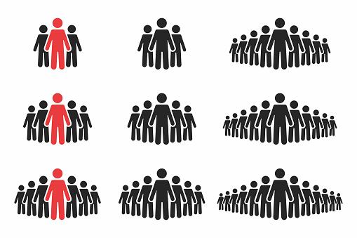 People icon set. Crowd of people in black and red colors. Group of people in pictogram shape. Elements for infographic, leadership concept. Vector