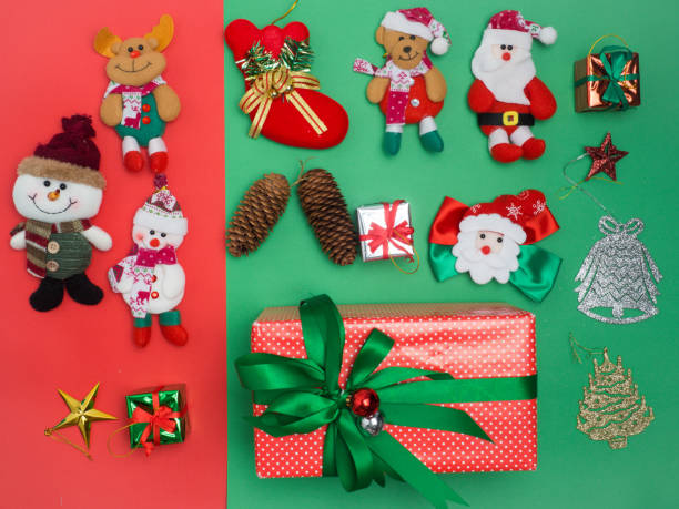 istock Christmas decoration background over colour background, above view with copy space for text .top view composition. 897183558