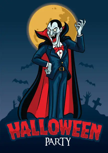 Vector illustration of halloween design of vampire with graveyard background