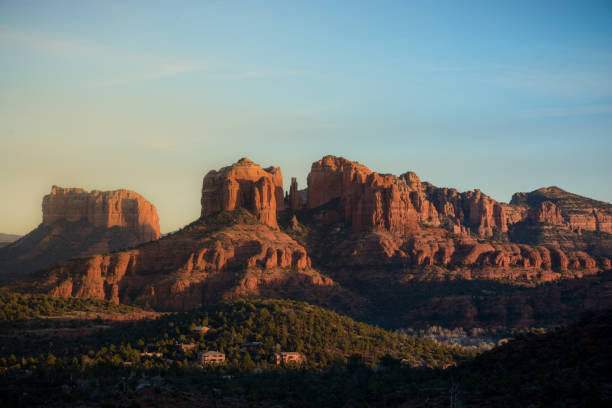 Beautiful Mountains of Sedona Cathedral Rock, tourist attraction near Sedona, in sunset glow sunset cloudscape cloud arizona stock pictures, royalty-free photos & images