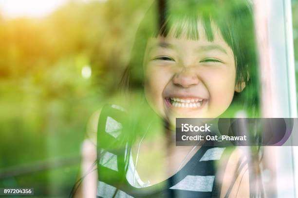 Asian Child Girl Standing On Glass Mirror Reflecting Green Forest She Was Smiling In A Good Mood Stock Photo - Download Image Now