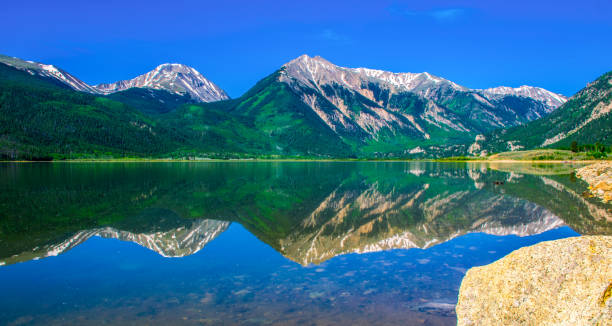 Mirrored Reflection of Rocky Mountains Highest Peak in Colorado Mount Elbert and Twin Peaks Mirrored Reflection of Rocky Mountains Highest Peak in Colorado Mount Elbert and Twin Peaks on a gorgeous summer day in morning sunshine with a blue sky at Twin Lakes , Colorado my favorite place to spend outdoors in nature landscape Mountain scene. colorado springs photos stock pictures, royalty-free photos & images