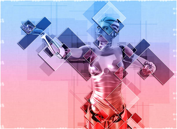 3D illustration female cyborg in collage style