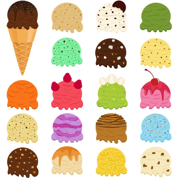 illustrations, cliparts, dessins animés et icônes de mignon ensemble d’illustration de vecteur de cuillère à crème glacée, beaucoup de saveurs colorées avec des garnitures en wafer cône isolé sur fond blanc - condiment