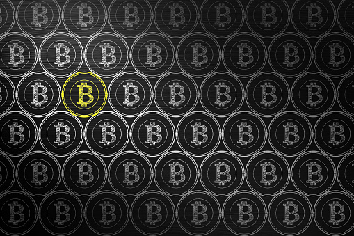 Bitcoin Cryptocurrency Concept. On Blackboard with chalk doodle, infographics are visual representations. infographics  Background.