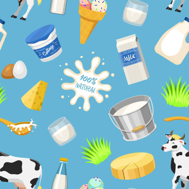 유제품 우유 제품 벡터 자연 식품 칼슘 우유 낙농 생산 치즈 요구르트 코 티 지와 사 우 어 크림 또는 아이스크림 암소 우유 농장 그림 완벽 한 패턴 배경 - milky cheese stock illustrations