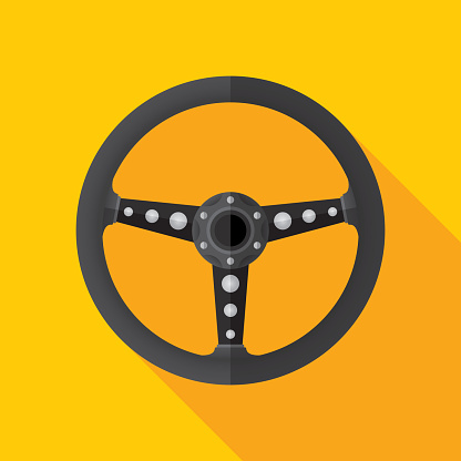 Vector illustration of a steering wheel against a gold background in flat style.