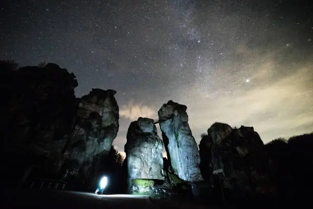 Shots of the Externsteine in the Teutoburg Forest at night
