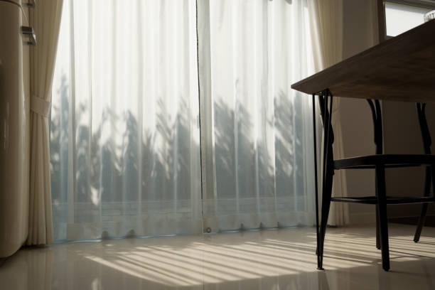 istock Beautiful morning light through the white curtain and windows. 897277670