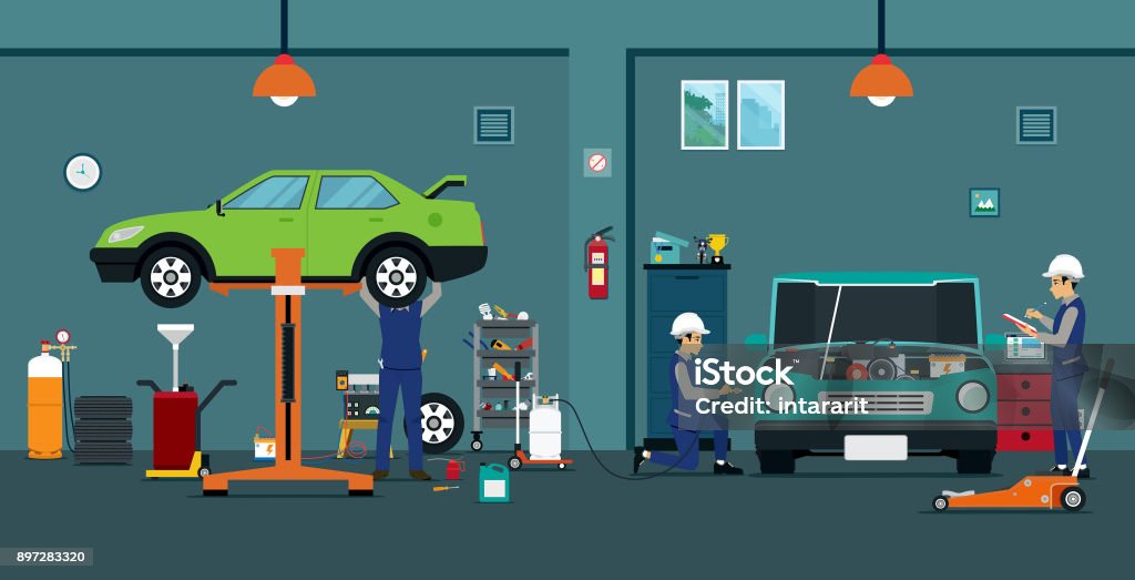 Car repair Employees are checking and repairing cars in the garage. Auto Repair Shop stock vector