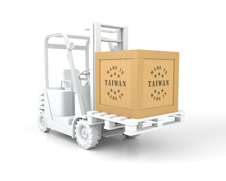 Forklift Truck with Made in Taiwan Wooden Box on Pallet. 3D Rendering