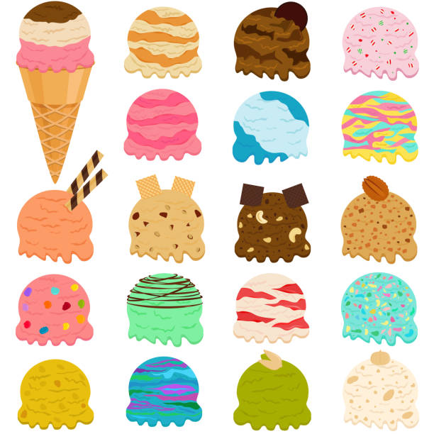 cute vector ilustracji zestaw lodów miarka, wiele kolorowych smaków z dodatkami w stożek wafla izolowane na białym tle - wafer waffle isolated food stock illustrations