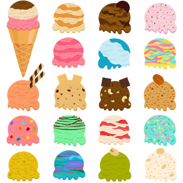 ilustrações de stock, clip art, desenhos animados e ícones de cute vector illustration set of ice cream scoop, many colorful flavors with toppings in wafer cone isolated on white background - creme cozinhado