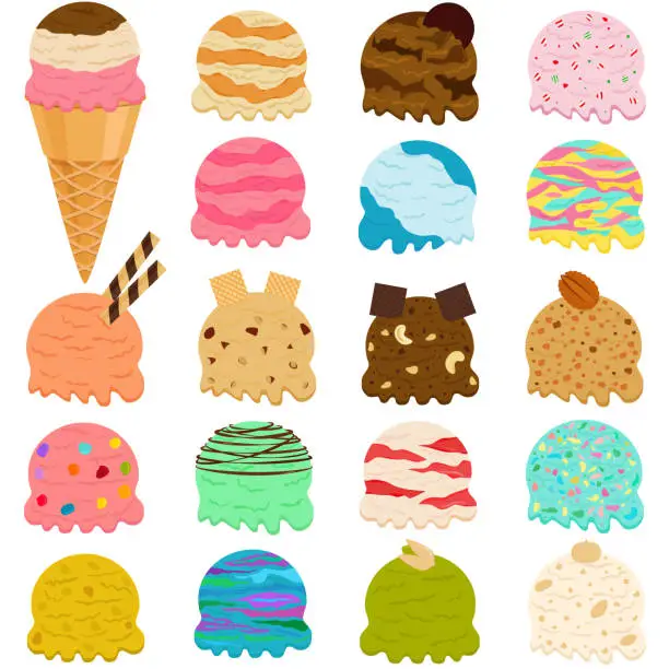 Vector illustration of Cute Vector illustration set of ice cream scoop, many colorful flavors with toppings in wafer cone isolated on white background