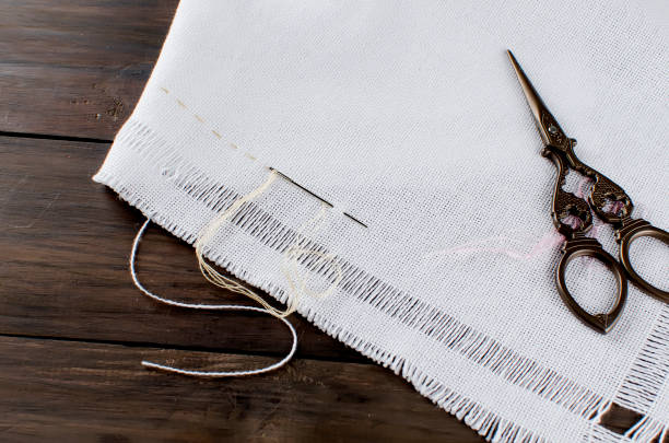 Embroidery. Sewing accessories. Canvas, scissors, needle, thread mouline