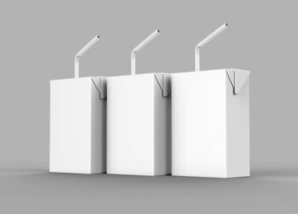 istock Blank White Tetra Packet Carton Juice & milk pack with straw White Realistic Rendering for mock up template design. 3D Illustration 897298524