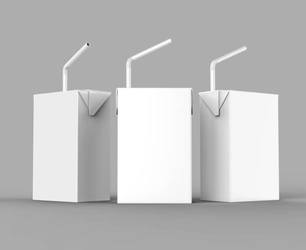 istock Blank White Tetra Packet Carton Juice & milk pack with straw White Realistic Rendering for mock up template design. 3D Illustration 897305788