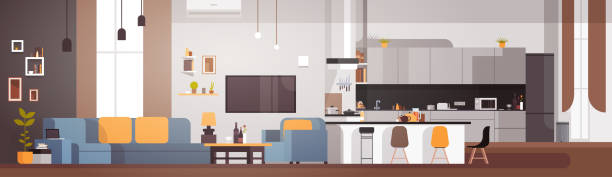 Modern Apartment Interior With Living Room And Kitchen Horizontal Banner Modern Apartment Interior With Living Room And Kitchen Horizontal Banner Flat Vector Illustration chairperson stock illustrations