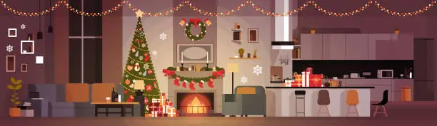 Vector illustration of Living Room Decorated For Christmas And New Year Horizontal Banner Pine Tree , Fireplace And Garlands Holidays Home Interior