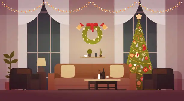 Vector illustration of Home Christmas Interior With Pine Tree, Living Room Decoration For New Year