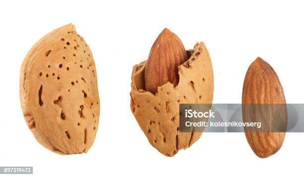 Almonds Are Peeled And Unpeeled Isolated On White Background Without A Shadow Close Up Top View Stock Photo - Download Image Now