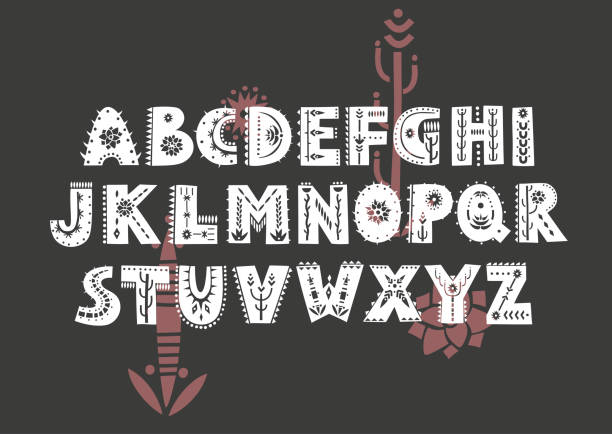 Vector patterned alphabet decorated with folk ornaments based on desert motifs. Vector patterned alphabet decorated with folk ornaments based on desert motifs.  Display uppercase font on a black background. cactus plant needle pattern stock illustrations