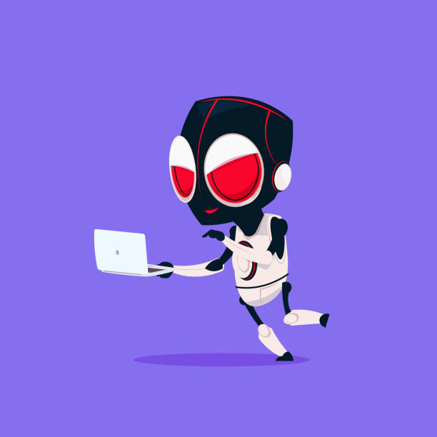 istock Cute Robot Wear Hacker Mask Use Laptop Isolated Icon On Blue Background Modern Technology Artificial Intelligence Concept 897335468