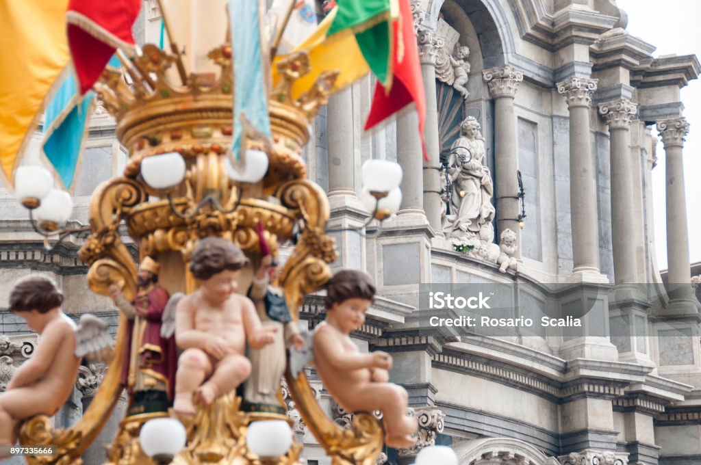 candelora of the feast of santa agata in Catania in Sicily with particular of the cathedral of the duomo in the background Candlemas Stock Photo