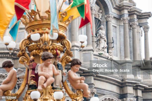 Candelora Of The Feast Of Santa Agata In Catania In Sicily With Particular Of The Cathedral Of The Duomo In The Background Stock Photo - Download Image Now