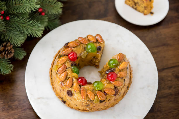 istock Glazed Christmas fruitcake on white plate 897338246