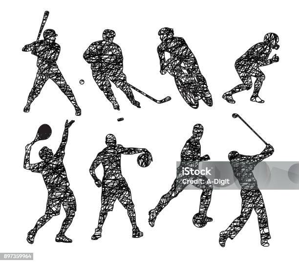 Sports Variety Scribble Stock Illustration - Download Image Now - Hockey Player, Golf Swing, In Silhouette